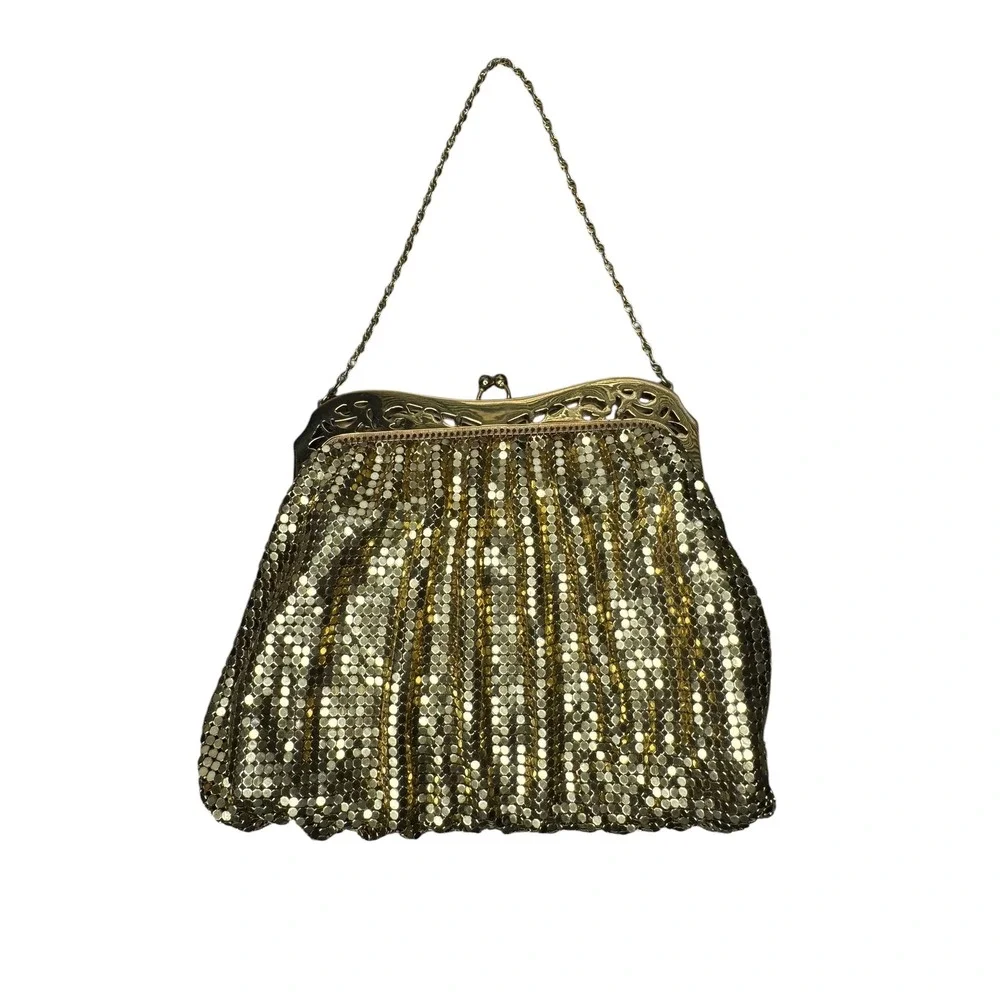 Whiting & Davis Vintage Gold Mesh Evening Bag Filigree Frame Clutch Made in USA